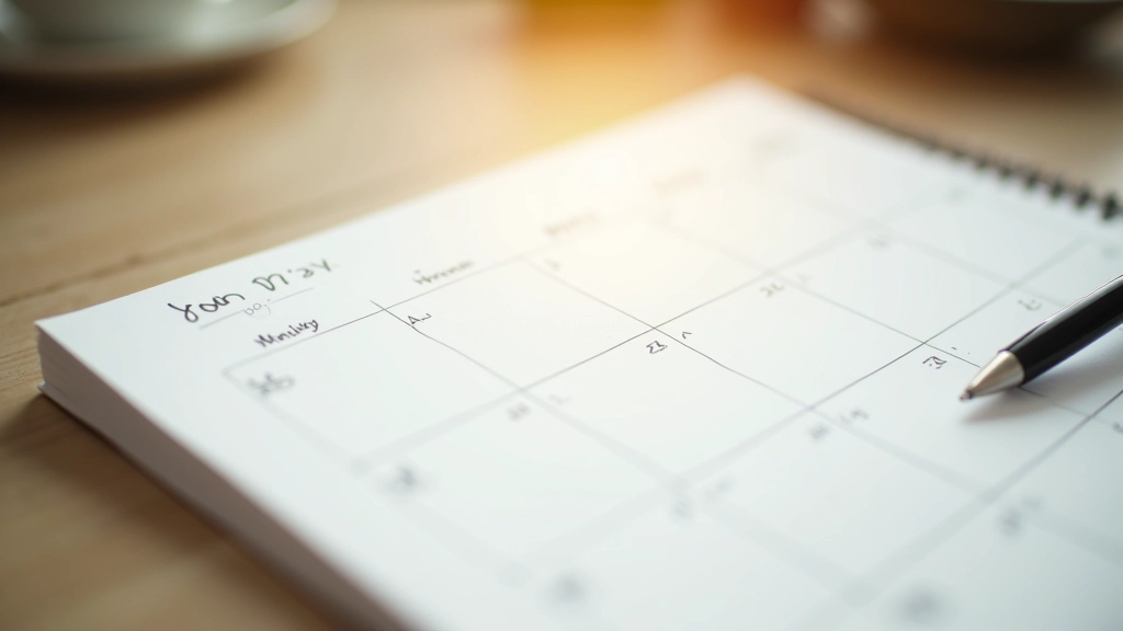 Calendar page with meditation session marked on six consecutive days, colorful checkmarks and notes, planning notebook, warm morning light, organized workspace