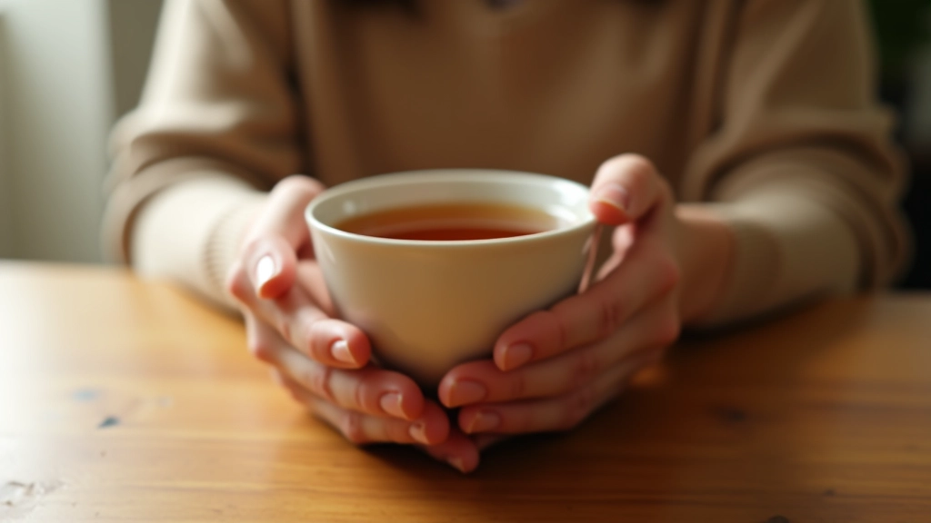 Hands holding a warm cup of tea, minimalist wooden table, morning natural light, calm aesthetic