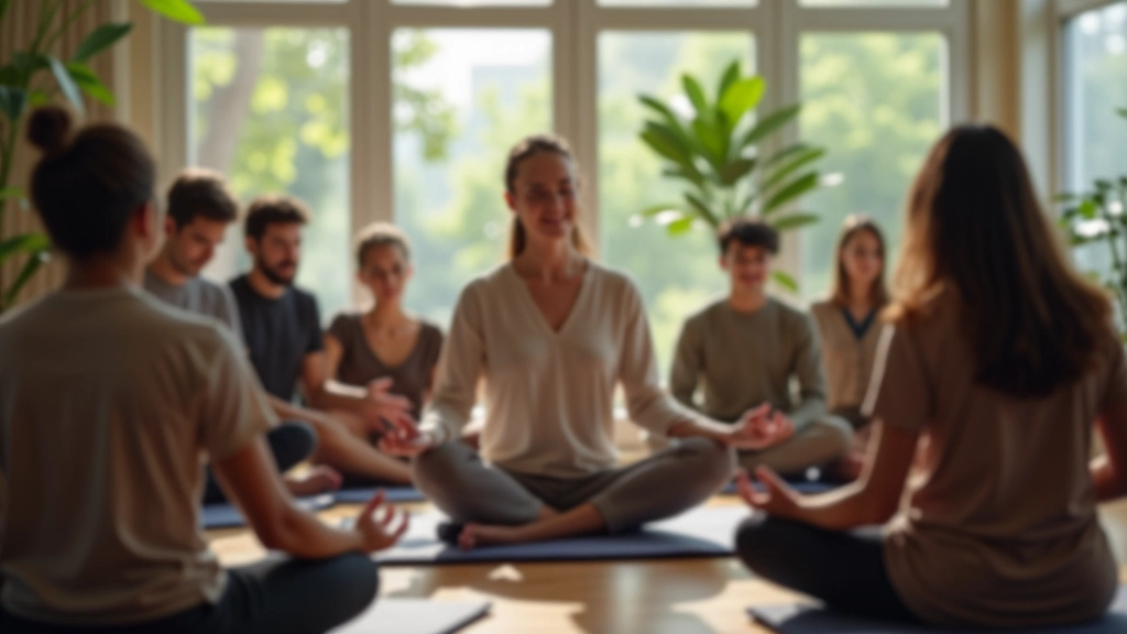 Professional mindfulness instructor leading meditation class in Hong Kong, diverse group practicing together in calm environment