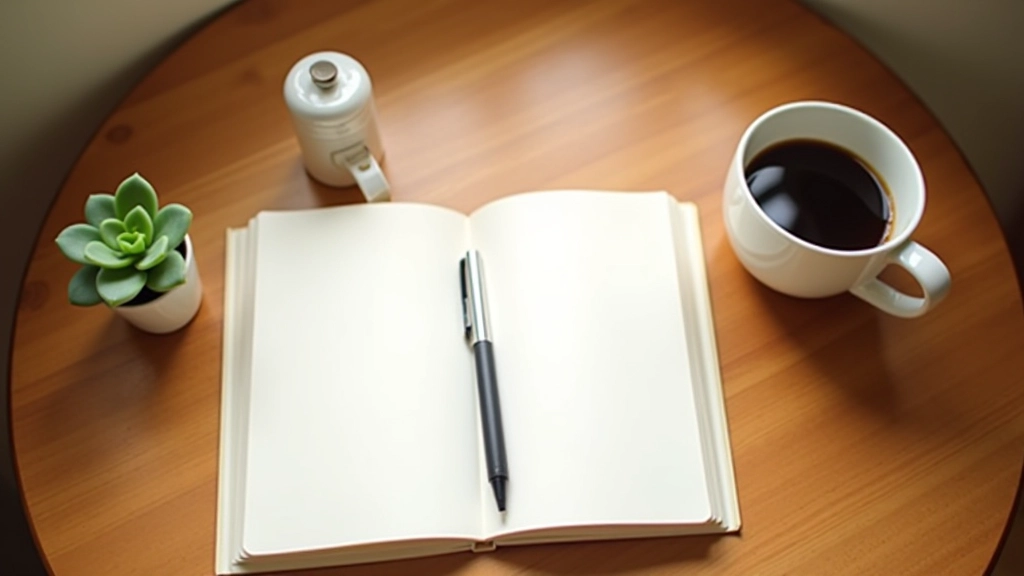 Overhead view of open journal with pen, coffee cup, and succulent plant on desk, morning sunlight, mindful workspace setup