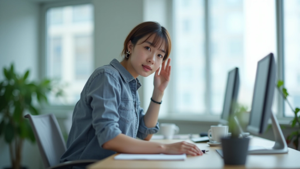Person doing a gentle stretch at office desk with monitor visible, bright natural window light, professional casual attire, clean minimalist workspace