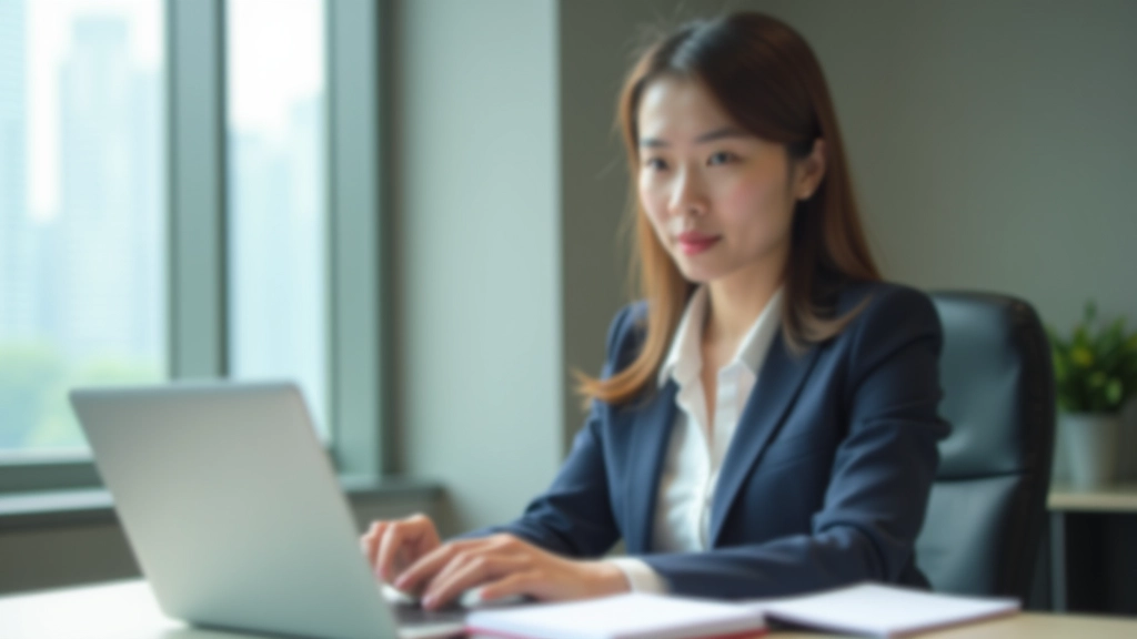 Woman working at modern desk with laptop and notebook, natural window light, focused and calm expression
