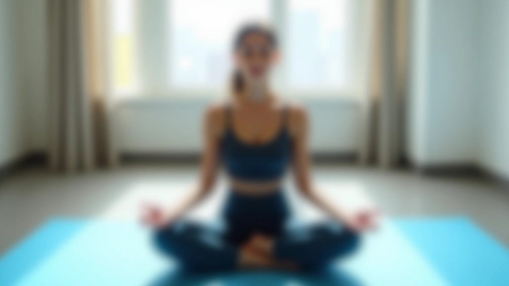 Person sitting cross-legged on yoga mat in a bright, minimalist room with natural light from window
